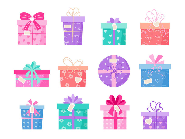 ギフトボックスを2月14日に設定します。かわいい弓の漫画のスタイルとバレンタインデーのギフトボックス。誕生日、結婚式のための装飾品、バレンタインデーは驚きを提示します。ピンク、紫、青、赤. - ベクター画像
