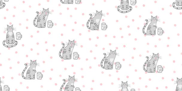 Χαριτωμένη γάτα και ροζ τελείες χωρίς ραφή μοτίβο. Διάνυσμα χαρακτήρα κινουμένων σχεδίων, γάτα με καπάκι του καφέ. Χειροποίητη απεικόνιση για παιδιά, παιδιά, μωρό. Σχεδιασμός για ύφασμα, ύφασμα, περιτύλιγμα. Μαλακά γκρι χρώματα - Διάνυσμα, εικόνα