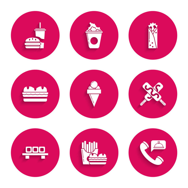Set Ice cream in waffle cone, Burger and french fries carton package box, Food ordering, Sushi cutting board, Sandwich, Doner kebab and Paper glass with drinking straw burger icon. Vector - Vektor, Bild