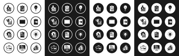 Set Light bulb with concept of idea, Chalkboard, Pie chart infographic, Money bag and coin, Clipboard, rays shine and icon. Vector - Vetor, Imagem