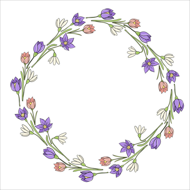 Round circle frame with spring flowers hand drawn for design - Vector, afbeelding