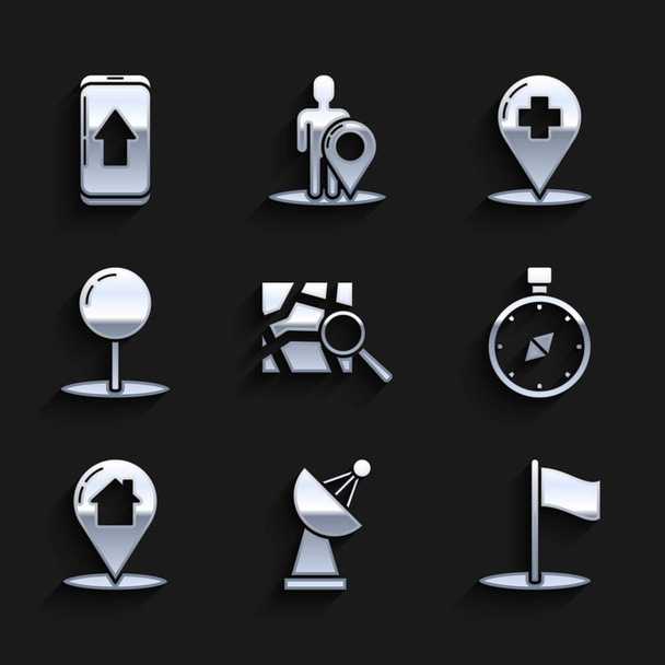 Set Folded map with location marker, Radar, Flag, Compass, Map pointer house, Push pin, Medical cross hospital and Infographic of city navigation icon. Vector - Vector, Image