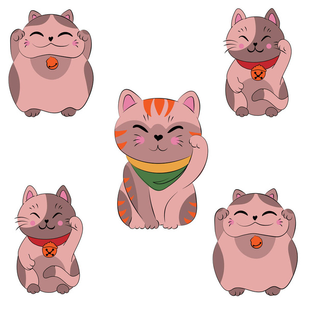 Set of different Japanese lucky cat maneki neko vector illustration.  Isolated on background. Cartoon flat vector illustration Stock Vector