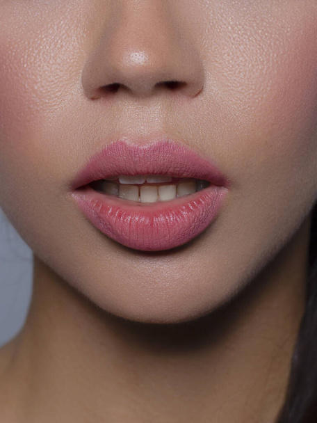 Cosmetics, makeup and trends. Bright lip gloss and lipstick on lips. Closeup of beautiful female mouth with natural lip makeup. Beautiful part of female face. Perfect clean skin in natural light - Photo, image