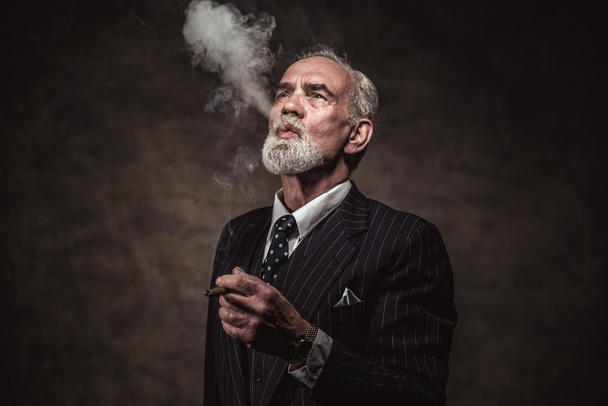 Fumador de cigarros característico hombre de negocios senior con pelo gris
  - Foto, Imagen