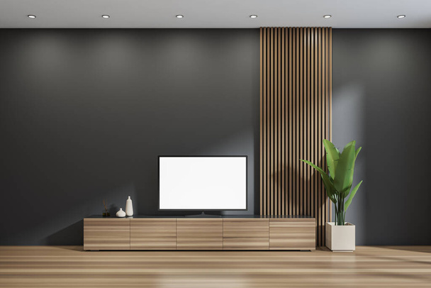Guest room interior with wooden commode with plant and decoration, parquet floor, in dark apartment. Copy space blank tv display. 3D rendering - Foto, Bild