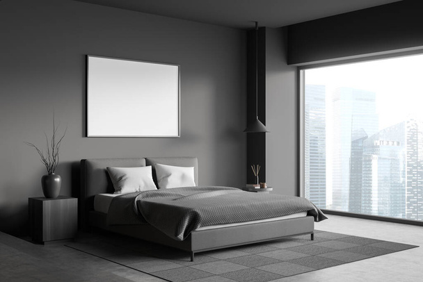Corner view on dark bedroom interior with empty white poster, bed, panoramic window with city view and concrete floor. Concept of minimalist design. Comfortable place for sleep. Mock up. 3d rendering - Valokuva, kuva