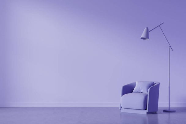 Stylish violet exhibition interior with seat and pillow, lamp in guest, reading room with concrete floor. Copy space empty wall, 3D rendering - Zdjęcie, obraz