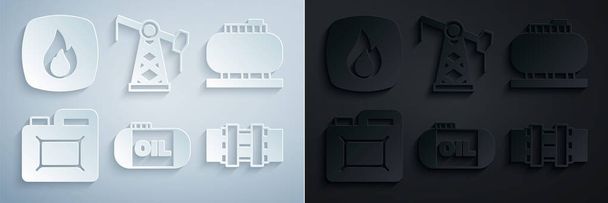 Set Oil tank storage, Canister for motor oil, Metallic pipes and valve, pump pump jack and Fire flame icon. Vector - Wektor, obraz