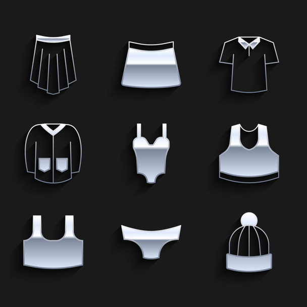Set Swimsuit, Men underpants, Winter hat, Undershirt, Sweater, Shirt and Skirt icon. Vector - Vektori, kuva