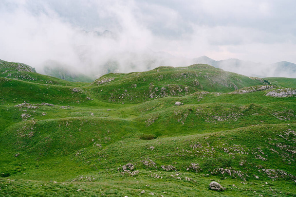 Η ομίχλη απλώνεται κατά μήκος του εδάφους στα βουνά. Εθνικό Πάρκο Durmitor - Φωτογραφία, εικόνα