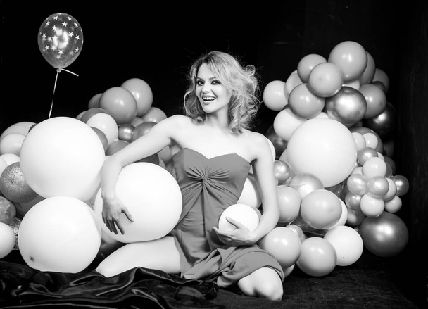 Party celebration. Sensual woman with balloons. Holidays presents and gifts. - Fotografie, Obrázek