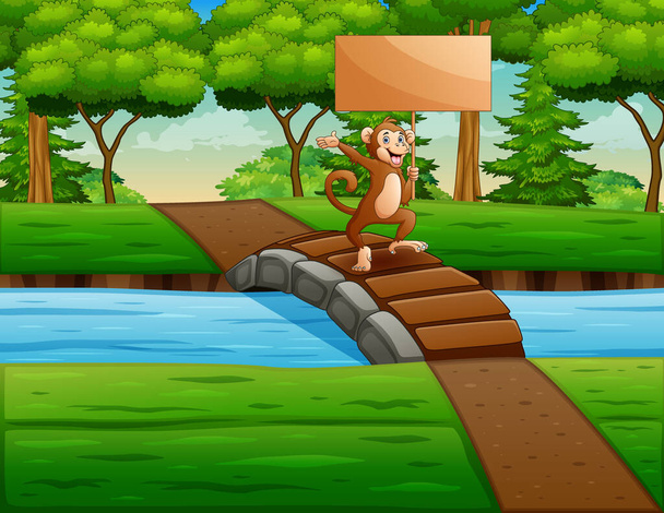 Cartoon a monkey holding wooden board on a bridge - Vetor, Imagem