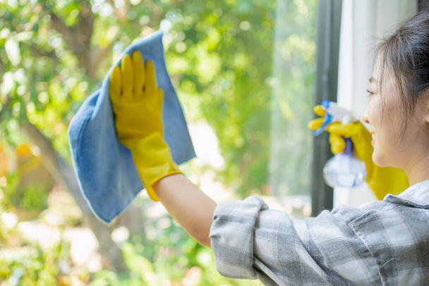 Young housekeeper washing window glass with rag and spray detergent, selective focus. Woman doing professional house cleaning, providing sanitary service, closeup. - 写真・画像