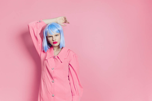 fashionable woman wears a blue wig makeup Lifestyle posing - Photo, Image