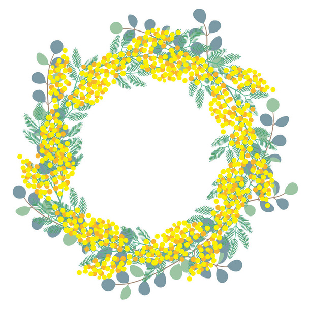 Illustration of a simple mimosa and eucalyptus wreath - Вектор,изображение