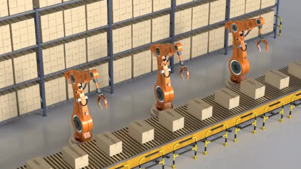 Αυτοματισμού έννοια της βιομηχανίας με 3d απόδοση ρομπότ γραμμή συναρμολόγησης 4k πλάνα - Πλάνα, βίντεο