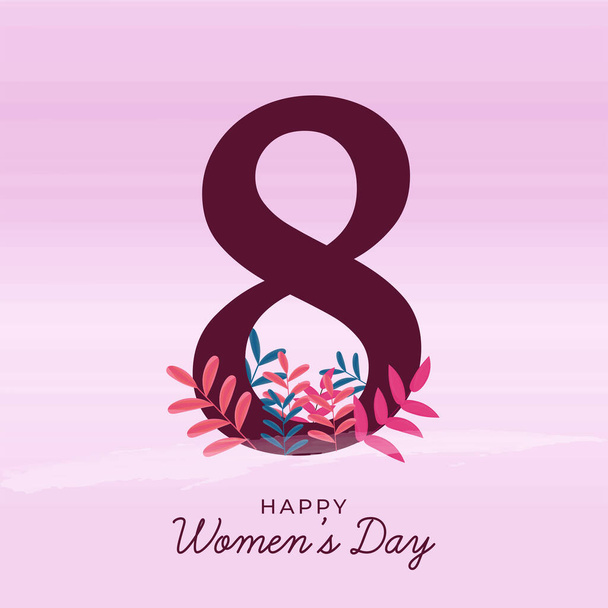 8 Number Of March Decorated With Leaves On Pastel Pink And Violet Background For Happy Women's Day Concept. - Vector, imagen