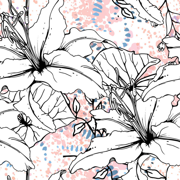 Floral Black and White Seamless Pattern. Modern Artistic Watercolor Print. Fashion Outline Flowers Surface. Botanic Vector Motif on Ink Stains Texture. Drawing Abstract Leaf. Trend Tropic Background. - Vektör, Görsel