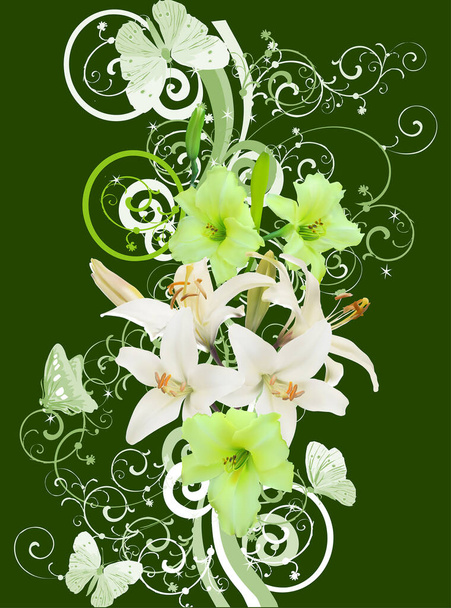 illustration with lilies and butterflies on green background - Vektor, obrázek