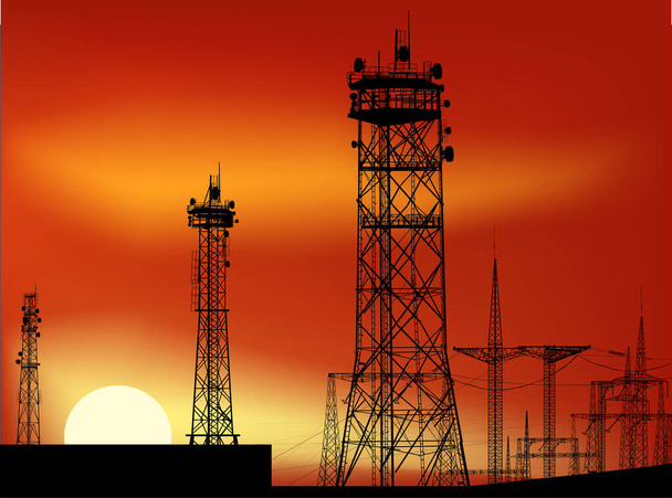 illustration with antenna tower silhouettes at orange sunset - Vetor, Imagem