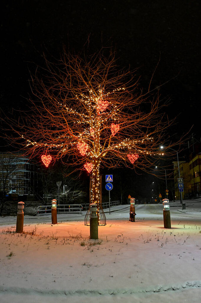 Kumla Sweden 7 january 2022 lightning with hearts in tree - Fotoğraf, Görsel