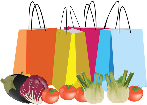 envases de papel de colores y compras de verduras - Vector, imagen