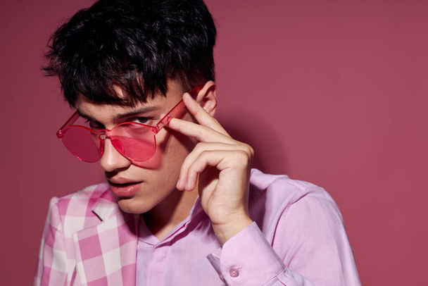 Photo of romantic young boyfriend plaid blazer pink glasses fashion modern style Lifestyle unaltered - Photo, Image