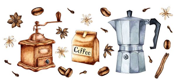 Set of watercolor painting craft package with coffee beans, coffee grinder, coffee maker and spices cinnamon, cloves. Black coffee or cappuccino. Hot drink for breakfast. Refreshing drink. Isolated over white background. - Vector, Image