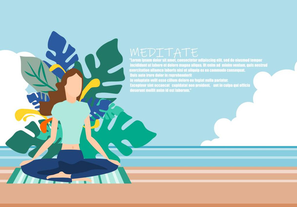  La méditation rafraîchit l'esprit de l'intérieur. Femme relaxante en méditant sur la plage. Illustration design plat - Vecteur, image