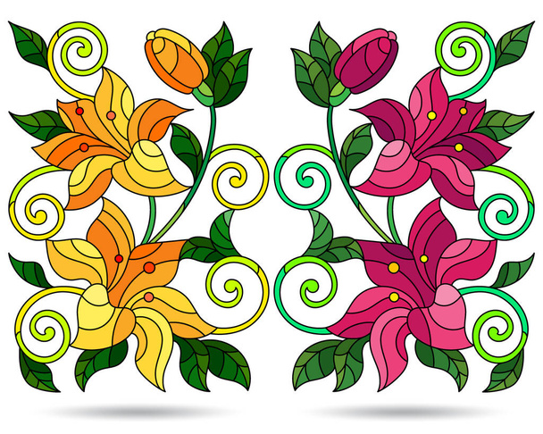 Una serie di illustrazioni in stile vetrate con composizioni di gigli, fiori isolati su sfondo bianco - Vettoriali, immagini