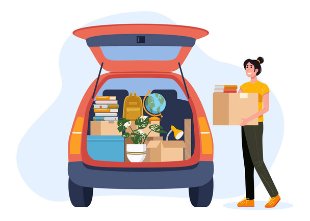 College student packing car and moving into dormitory or apartment. - Vektor, kép
