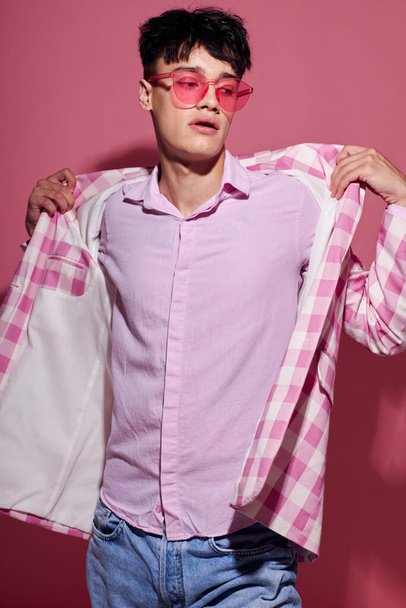 Photo of romantic young boyfriend self confidence pink plaid blazer fashion posing pink background unaltered - Photo, Image