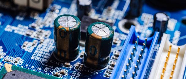 Computer motherboard, details, attachment points, close-up - computer panoramic background for web and web design - 写真・画像