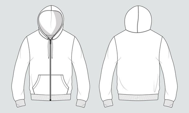 Long Sleeve Hoodie Technical Fashion flat sketch Vector Illustration Template Front and Back views. Fleece Cotton Jersey Clothing Mock up CAD. - Vector, Image