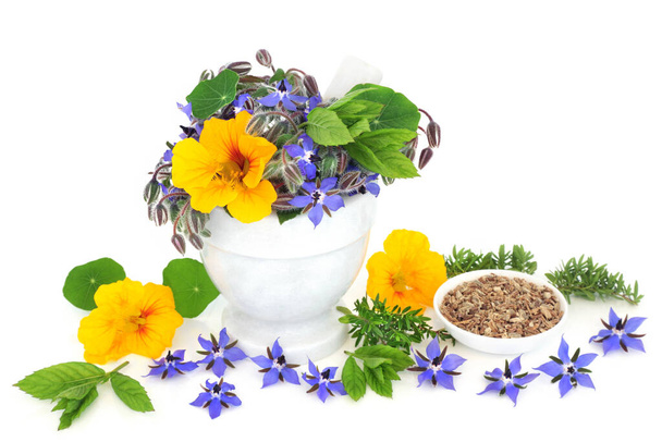 Herbal medicine for cold and flu remedy with borage, nasturtium, thyme, echinacea and mint herbs. Treats bronchitis, sore throats and coughs. Immune boosting, anti inflammatory and high in vitamin c.   - Photo, Image
