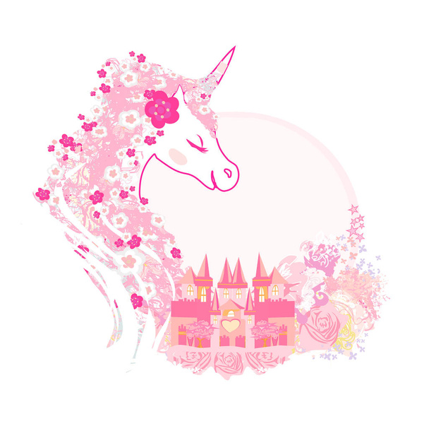 Cute unicorn and fairy-tale princess castle frame  - Vektör, Görsel