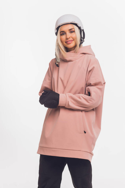 Skier happy caucasian satisfied smiling woman 20s wear warm padded windbreaker jacket ski. - 写真・画像