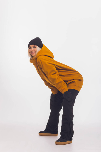 Skier happy caucasian satisfied smiling woman 20s wear warm padded windbreaker jacket ski. - Fotografie, Obrázek