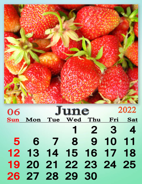 Ιούνιος 2022 Ημερολόγιο για διοργανωτής να σχεδιάσει και να υπενθυμίσει σχετικά με το υπόβαθρο της φύσης. ημερολόγιο για τον Ιούνιο του 2022 με εικόνα από ώριμες κόκκινες φράουλες. Μηνιαίο ημερολόγιο. ώριμη φράουλα - Φωτογραφία, εικόνα