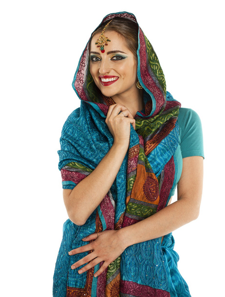 Young pretty woman in indian blue dress - Фото, зображення
