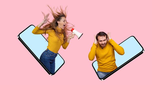 Collage of woman and man sticking out phone screeen. Woman shouting in megaphone at man isolated over pink background - Foto, afbeelding