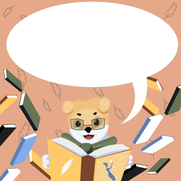 Fox With Glasses Sitting In Library Reading A Book Surrounded By Flying Booklets. Literature Educating Student In Bow Tie. Graduate Holding Encyclopedia Studying. - Vector, Image