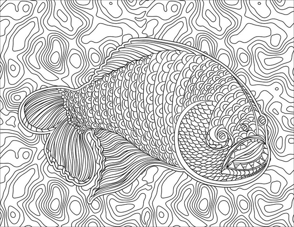大きな歯の線画が描かれた巨大な魚と海の雑草の詳細背景ぬりえ本 - ベクター画像