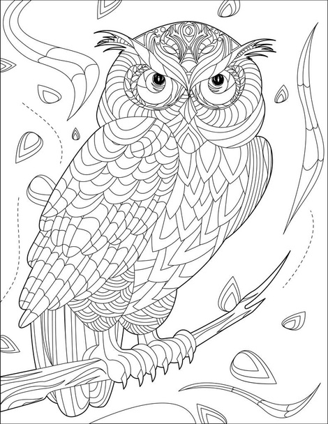Búho de pie en la rama del árbol con detalles geométricos Línea de dibujo para colorear libro - Vector, imagen