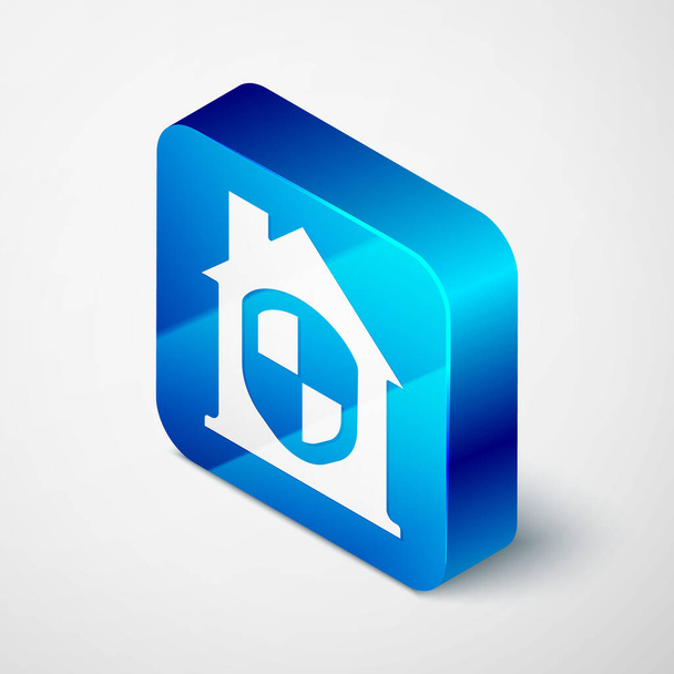Isometrische huis onder bescherming pictogram geïsoleerd op grijze achtergrond. Thuis en schild. Bescherming, veiligheid, beveiliging, bescherming, defensie concept. Blauwe vierkante knop. Vector - Vector, afbeelding