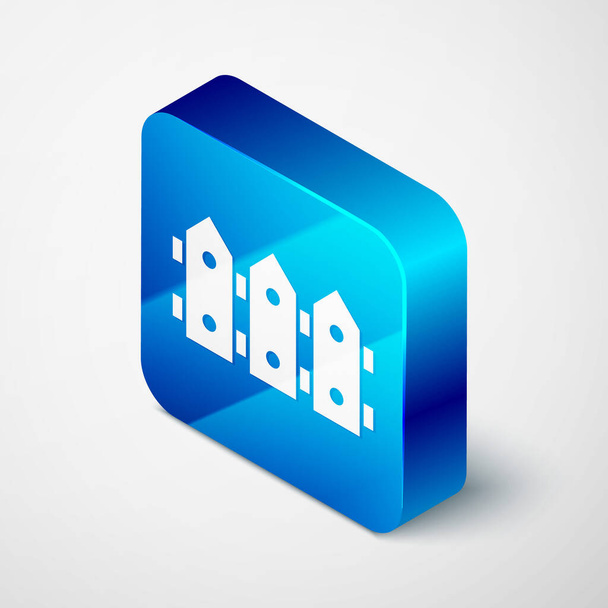 Isometric Garden fence wooden icon isolated on grey background. Blue square button. Vector - Вектор, зображення