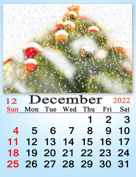 calendar for December 2022 with fairy New Year tree. Christmas holidays. Monthly calendar December 2022. Calendar Printable. wall calendar with seasonal photo. Autumnal park with multicolored leaves - Фото, изображение