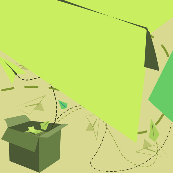 Otwarte pudełko z latającymi samolotami papierowymi prezentującymi nowe darmowe pomysły. Odkryta skrzynia pływające Origami latawce w kierunku nieba - Wektor, obraz
