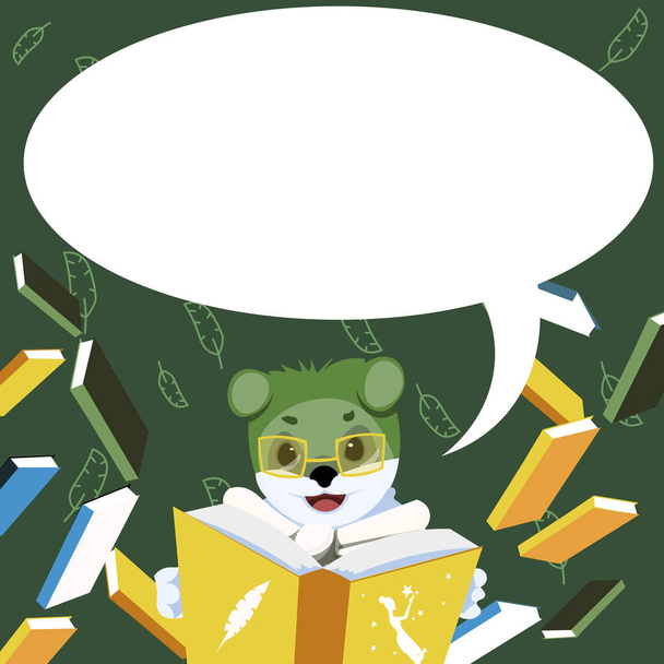 Fox With Glasses Sitting In Library Reading A Book Surrounded By Flying Booklets. Literature Educating Student In Bow Tie. Graduate Holding Encyclopedia Studying. - Vector, Image